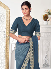 Shaded Sequinned & Zari Embroidered Broder Saree With Matching Blouse