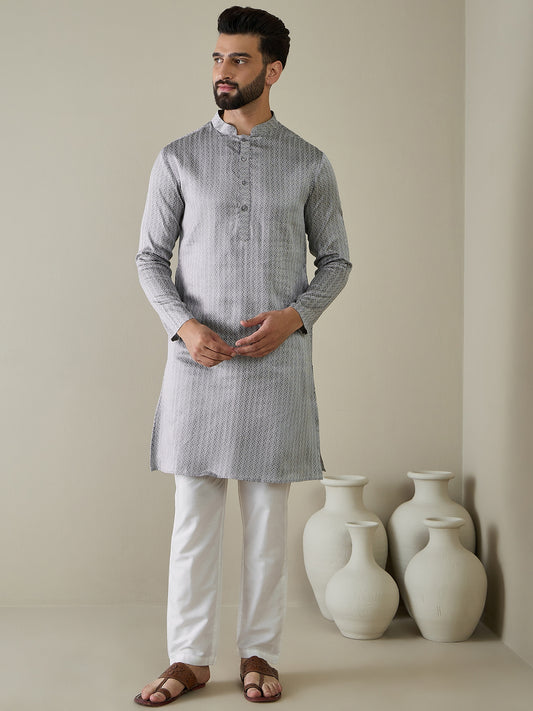 Woven Design Mandarin Collar Kurta & Trousers