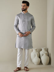 Woven Design Mandarin Collar Kurta & Trousers