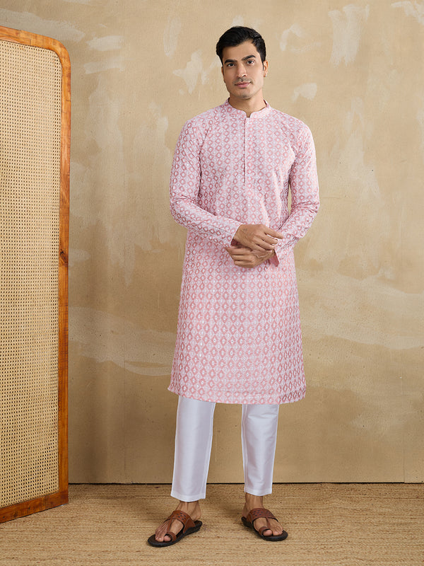 Men Embroidered Mandarin Collar Kurta & Trousers