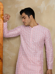 Men Embroidered Mandarin Collar Kurta & Trousers