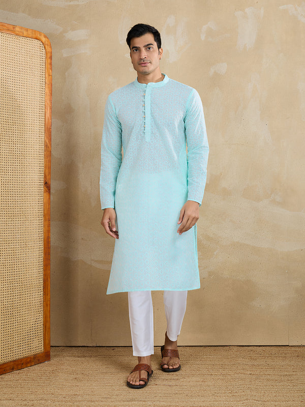 Embroidered Cotton Mandarin Collar Calf Length Straight Kurtas