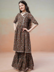 Black Girls Floral Printed Angrakha Kurta with Sharara