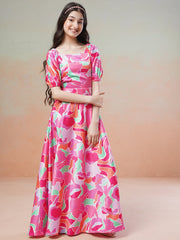 Pink Girls Printed Fit & Flared Maxi Dresses