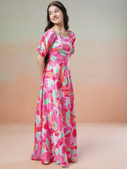 Pink Girls Printed Fit & Flared Maxi Dresses