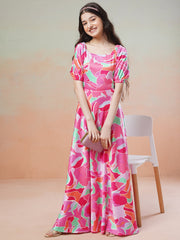 Pink Girls Printed Fit & Flared Maxi Dresses