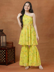 Girls Floral Printed Regular Gotta Patti Kurta with Sharara