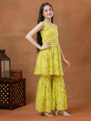 Girls Floral Printed Regular Gotta Patti Kurta with Sharara