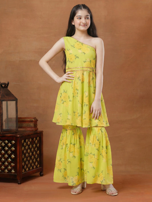 Girls Floral Printed Regular Gotta Patti Kurta with Sharara