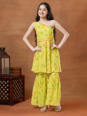 Girls Floral Printed Regular Gotta Patti Kurta with Sharara