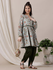Girls Floral Printed Pleated Kurta with Dhoti Pants