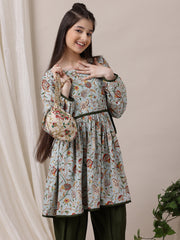 Girls Floral Printed Pleated Kurta with Dhoti Pants