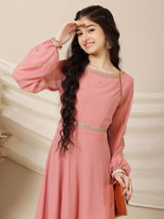 Girls Floral Sequinned Embroidered A-Line Maxi Ethnic Dress