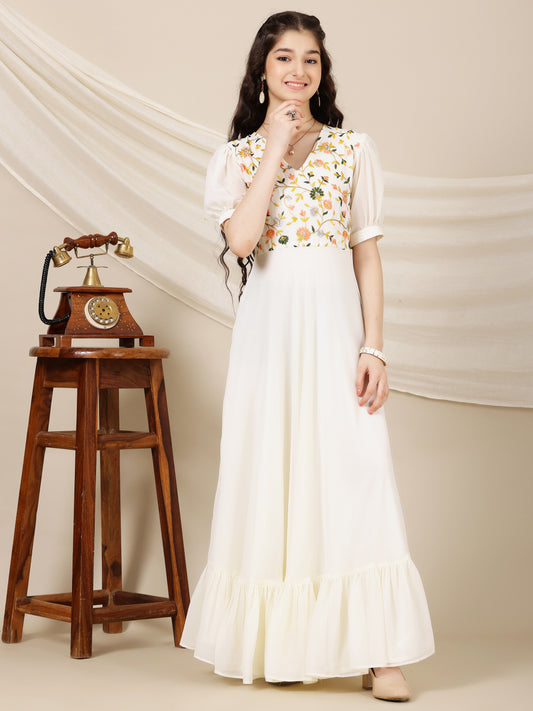 Girls Floral Multi Thread Embroidered A-Line Ethnic Dress