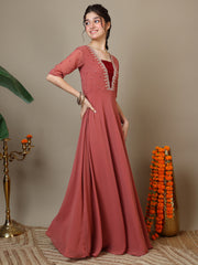 Embroidered V-Neck A-Line Ethnic Dresses