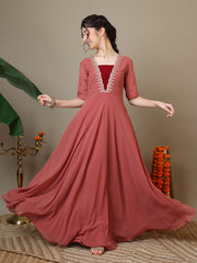Embroidered V-Neck A-Line Ethnic Dresses