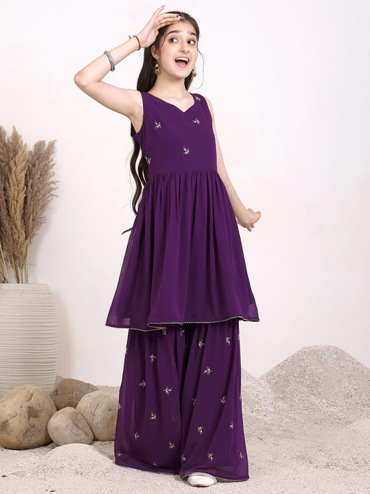 Girls Embroidered Yoke Design Pleated Georgette A-Line Kurti With Sharara