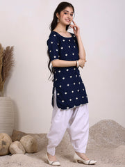 Girls Ethnic Motifs Embroidered Regular Thread Work Chanderi Cotton Kurta with Dhoti Pants