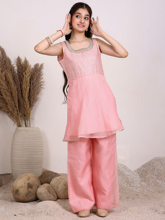 Girls Chevron Embroidered A-Line Kurta With Palazzos