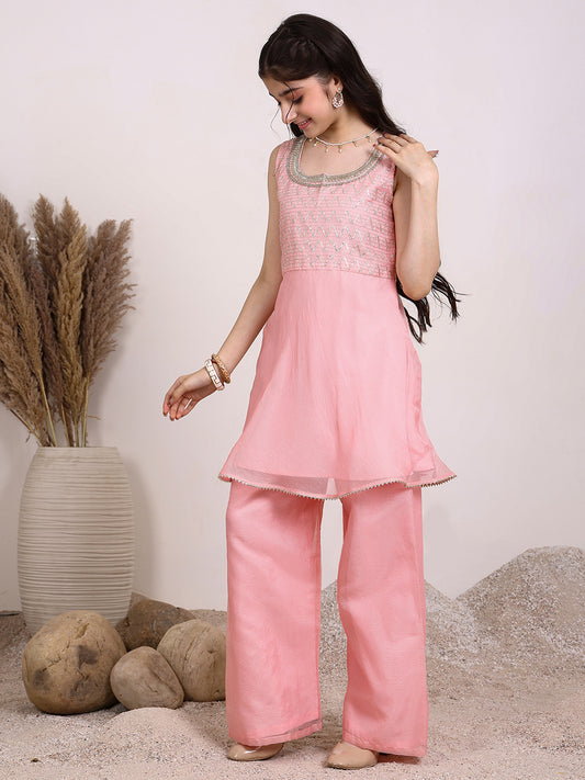 Girls Chevron Embroidered A-Line Kurta With Palazzos