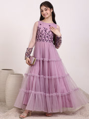 Girls Floral Thread & Sequin Embroidered Ruffle A-Line Ethnic Dress