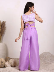 Girls Floral Embroidered Sleeveless Organza Top & Palazzo