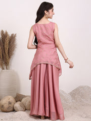 Girls Floral Embroidered Sequinned Georgette A-Line Kurti With Sharara