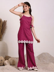 Girls Floral Embroidered Regular Thread Work Kurta with Palazzos
