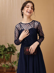 Girls Striped Thread & Sequinned Georgette Embroidered Ethnic Dress