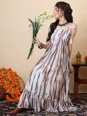 Girls Tie & Dye Pleated Shoulder Straps Ethnic Dress