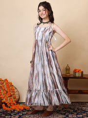 Girls Tie & Dye Pleated Shoulder Straps Ethnic Dress