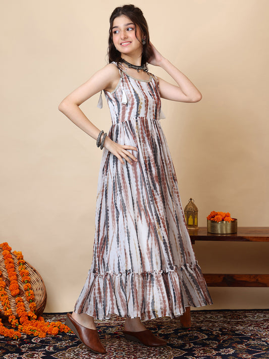 Girls Tie & Dye Pleated Shoulder Straps Ethnic Dress