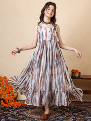 Girls Tie & Dye Pleated Shoulder Straps Ethnic Dress