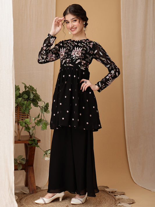 Girls Floral Embroidered Pleated Thread Work Kurta With Palazzo