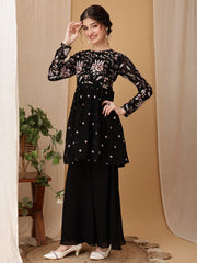 Girls Floral Embroidered Pleated Thread Work Kurta With Palazzo