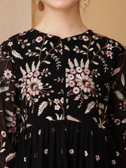 Girls Floral Embroidered Pleated Thread Work Kurta With Palazzo