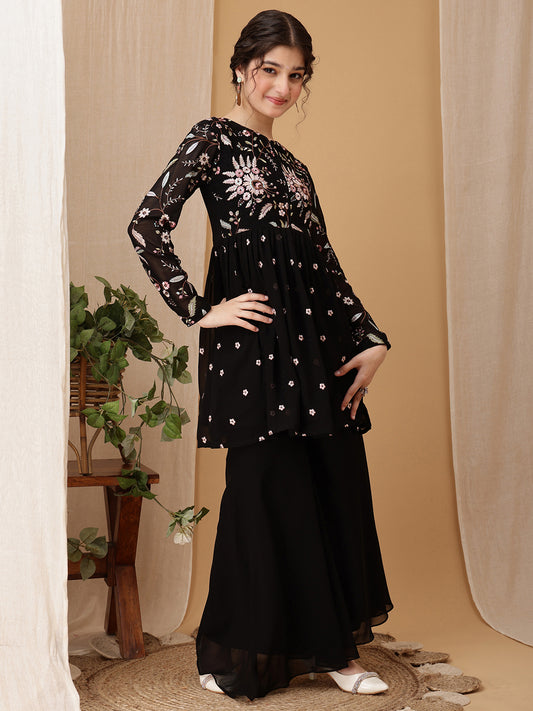 Girls Floral Embroidered Pleated Thread Work Kurta With Palazzo