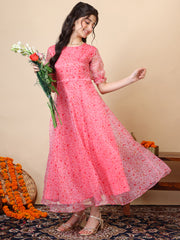 Girls Floral Printed A-Line Maxi Ethnic Dress