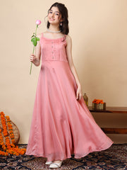 Girls Pleated Sleeveless Organza A-Line Maxi Ethnic Dresses