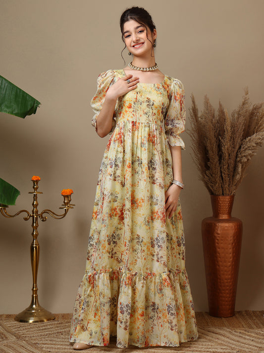 Floral Printed Bell Sleeve Maxi Ethnic Dresses