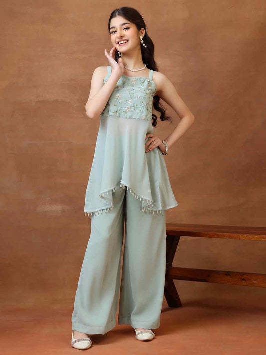 Girls Floral Embroidered Regular Beads and Stones Kurta with Palazzos