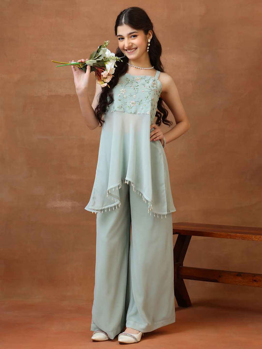 Girls Floral Embroidered Regular Beads and Stones Kurta with Palazzos
