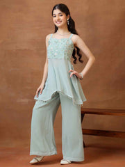Girls Floral Embroidered Regular Beads and Stones Kurta with Palazzos
