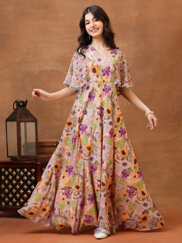 Printed V-Neck Fit and Flare Ethnic Dresses
