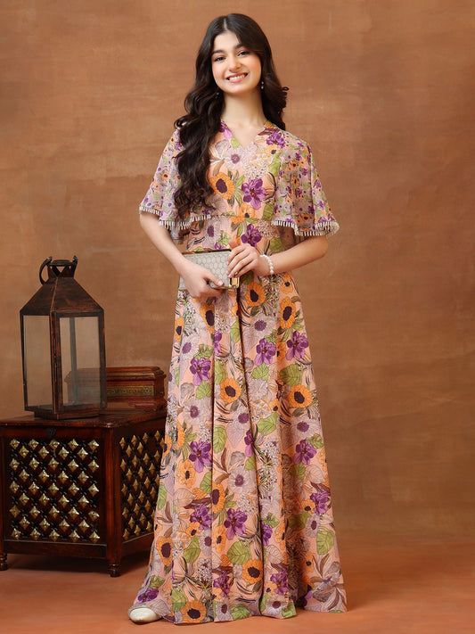 Printed V-Neck Fit and Flare Ethnic Dresses