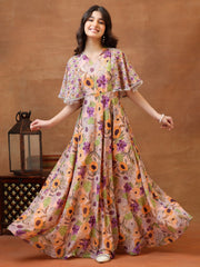 Printed V-Neck Fit and Flare Ethnic Dresses