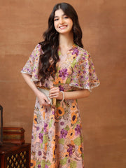 Printed V-Neck Fit and Flare Ethnic Dresses