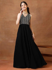 Embroidered V-Neck Fit and Flare Ethnic Dresses