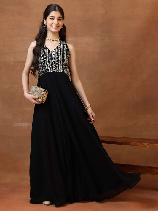 Embroidered V-Neck Fit and Flare Ethnic Dresses