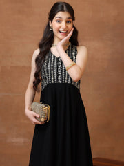 Embroidered V-Neck Fit and Flare Ethnic Dresses
